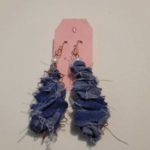 NWOT Handmade Jean Wrapped Earrings with Copper Wire and Pearl Beads.
